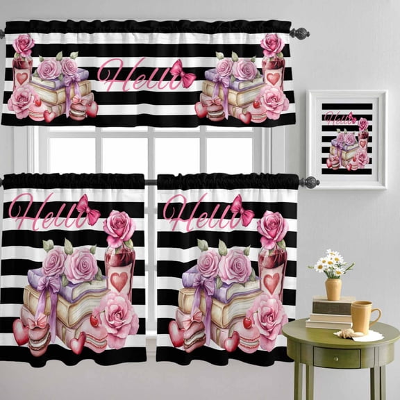 Hello Words Pink Flower Curtain Tier and Valance Set 3 Piece, Floral on Black White Striped 3-inch Rod Pocket Window Tier Curtains Valance for Kitchen Living Room