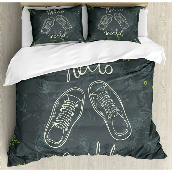 Hello World Duvet Cover Set Queen Size, Lettering Sports Shoes and a Floral Background Hand Drawn, Decorative 3 Piece Bedding Set with 2 Pillow Shams, Charcoal Grey Ivory Lime Green, by Ambesonne