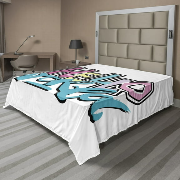 Hello World Flat Sheet, Colorful Cool Graffiti Looking Lettering Newborn Motivating Illustration, Soft Comfortable Top Sheet Decorative Bedding 1 Piece, 6 Sizes, Multicolor, by Ambesonne