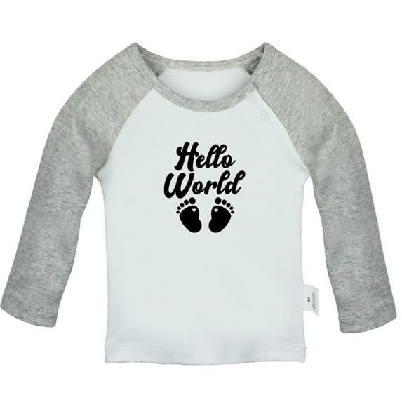 Hello World Funny T shirt For Baby, Newborn Babies T-shirts, Infant Tops, 0-24M Kids Graphic Tees Clothing (Long Gray Raglan T-shirt, 6-12 Months)