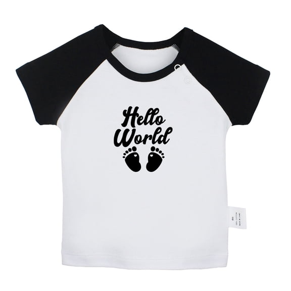 Hello World Funny T shirt For Baby, Newborn Babies T-shirts, Infant Tops, 0-24M Kids Graphic Tees Clothing (Short Black Raglan T-shirt, 12-18 Months)