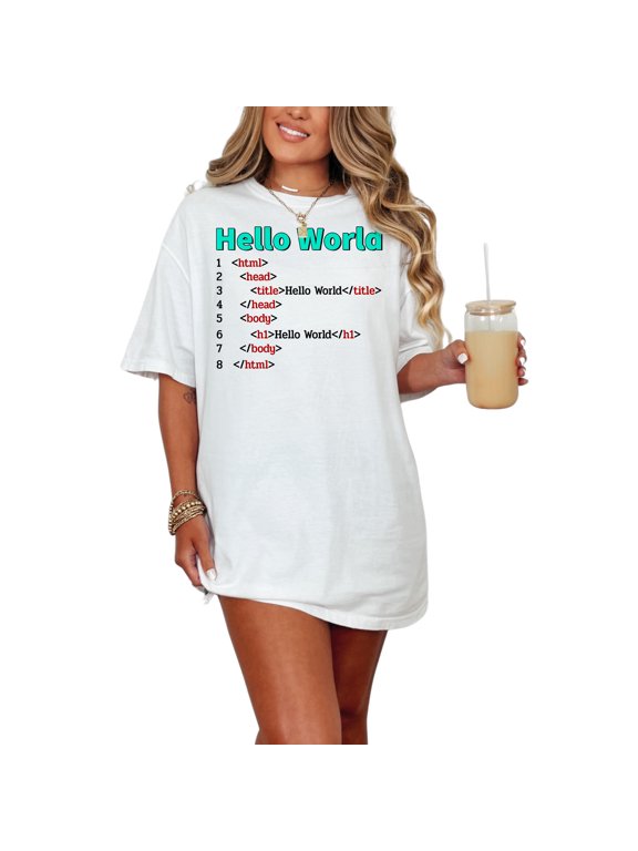 Hello World HTML Code T-Shirt, Developer Programming Tee, Funny Coder Gift, JavaScript HTML CSS Shirt, Web Developer Humor, Geek Tee, White Comfort Colors T-Shirt, Small