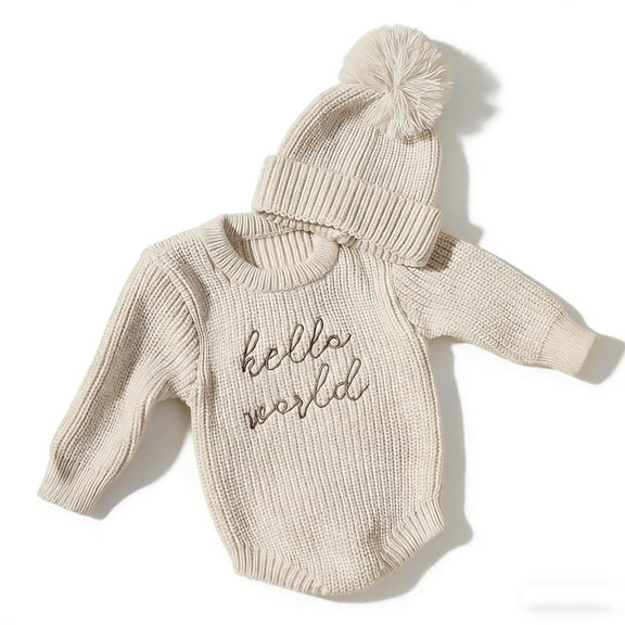 "Hello World" Knitted Newborn Romper Pom-Pom Hat Set 2-Pack Baby Photography Outfits for Boys Girls, Infant Knit Sweater Jumpsuit leisure Outfits