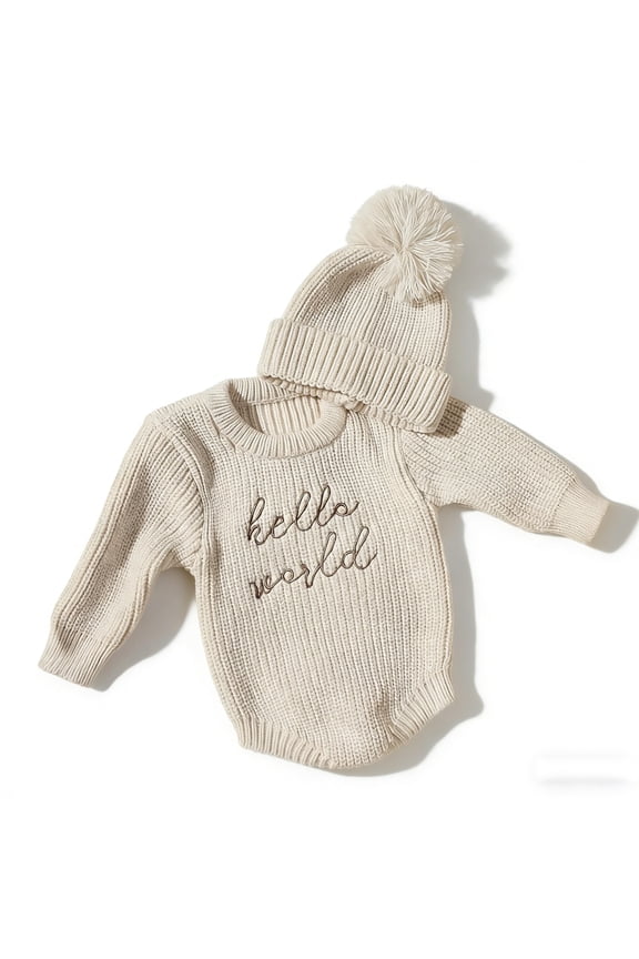 "Hello World" Knitted Newborn Romper Pom-Pom Hat Set 2-Pack Baby Photography Outfits for Boys Girls, Infant Knit Sweater Jumpsuit leisure Outfits