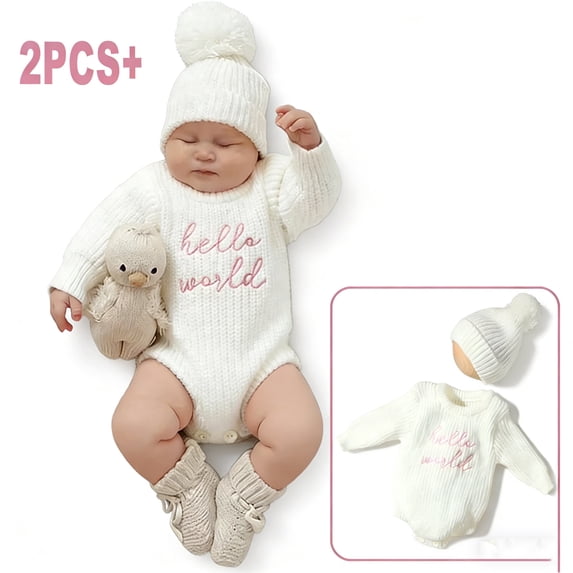 Hello World Knitting Newborn Romper with Matching Pomp Hat Boy Girl Baby Sweater Outfits 2 Pack