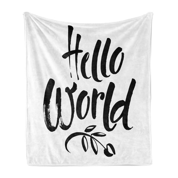 Hello World Soft Flannel Fleece Blanket, Monotone Calligraphy Hand Written Words and Branch on a Plain Backdrop, Cozy Plush for Indoor and Outdoor Use, 60" x 80", Charcoal Grey White, by Ambesonne