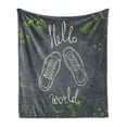 thumbnail image 1 of Hello World Soft Flannel Fleece Throw Blanket, Lettering Sports Shoes and a Floral Background Hand Drawn, Cozy Plush for Indoor and Outdoor Use, 60" x 80", Charcoal Grey Ivory, by Ambesonne, 1 of 5