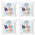 thumbnail image 1 of Hello World Throw Pillow Cushion Case Pack of 4, Childish Preschool Letters with Smiling Airplane Clouds Hears and Stars, Modern Accent Double-Sided Print, 4 Sizes, Multicolor, by Ambesonne, 1 of 2