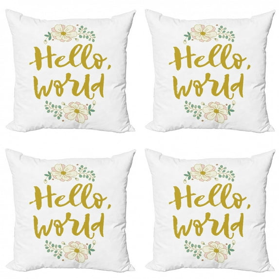 Hello World Throw Pillow Cushion Case Pack of 4, Hand Drawn Brush Lettering Pastel Toned Flowers, Modern Accent Double-Sided Print, 4 Sizes, Dark Khaki Sea Green, by Ambesonne