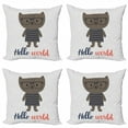 thumbnail image 1 of Hello World Throw Pillow Cushion Case Pack of 4, Little Cartoon Cat with Glasses and Lettering Polka Dots Stars on the Back, Modern Accent Double-Sided Print, 4 Sizes, Multicolor, by Ambesonne, 1 of 2