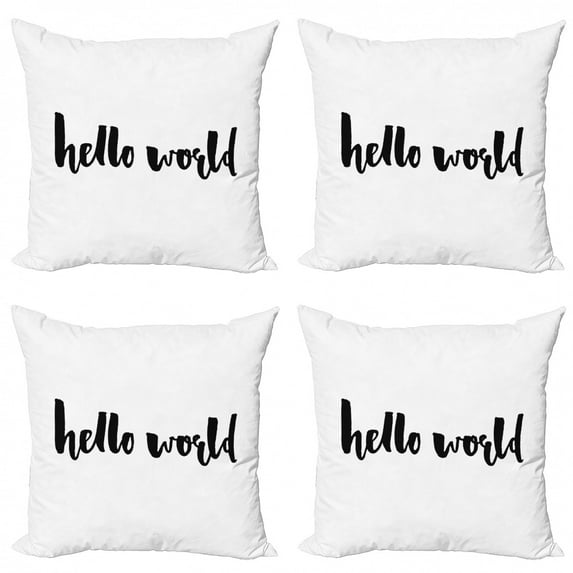 Hello World Throw Pillow Cushion Case Pack of 4, Modern Style Calligraphy Brush Written Words New Born Illustration, Modern Accent Double-Sided Print, 4 Sizes, Charcoal Grey and White, by Ambesonne