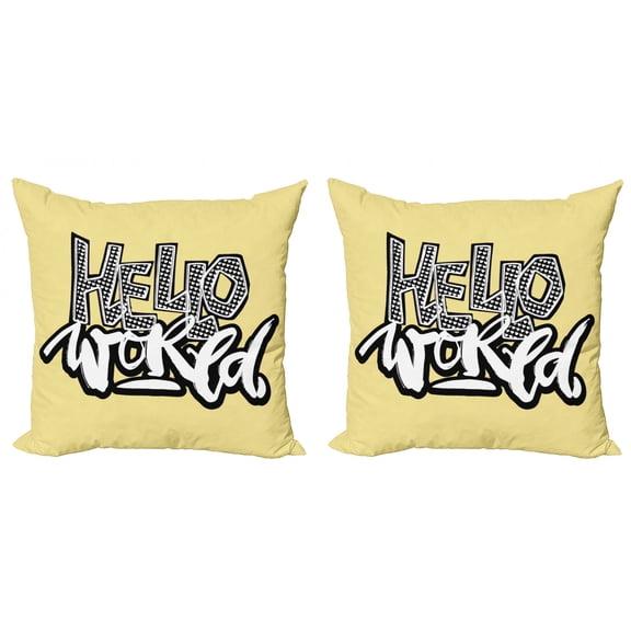 Hello World Throw Pillow Cushion Cover Pack of 2, Graffiti Looking Text and Tiny Hearts Funky Typography, Zippered Double-Side Digital Print, 4 Sizes, Pale Yellow Charcoal Grey, by Ambesonne