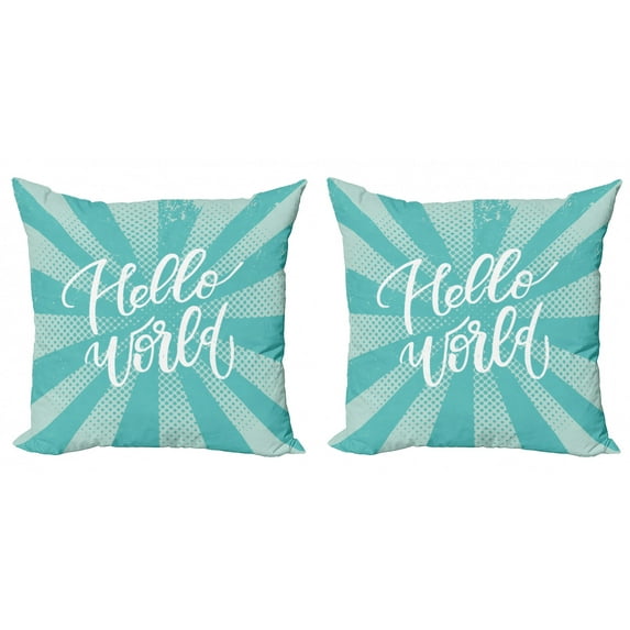 Hello World Throw Pillow Cushion Cover Pack of 2, Pattern of Retro Sun Ray and Dotted Background Calligraphy, Zippered Double-Side Digital Print, 4 Sizes, Cadet Blue Pale Blue, by Ambesonne