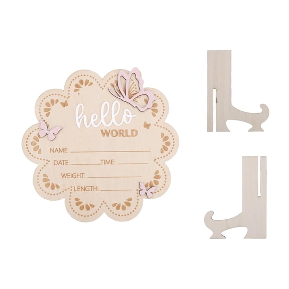 Hello World Wooden Baby Birth Announcement Sign with Pink Bow, Cloud Shape Floral Newborn Name Date Time Weight Length Board, Baby Girl Nursery Photo Prop