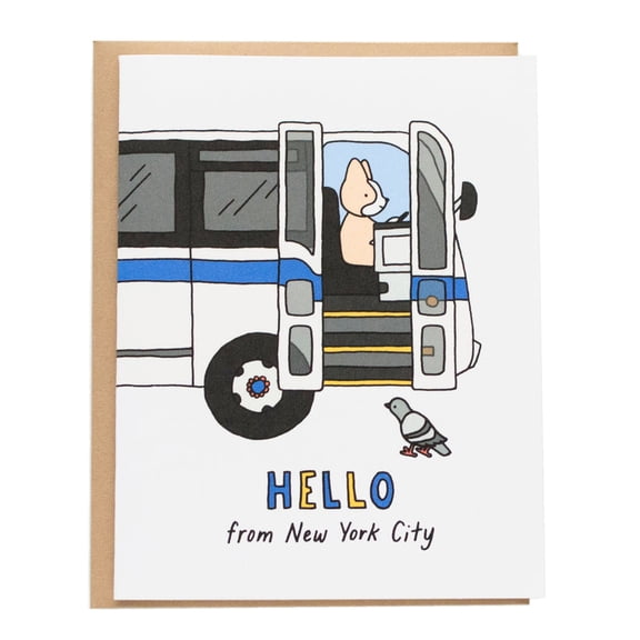 Hello from New York City Greeting Card Fun Illustrated Design with Bus and Bird Perfect for Any Occasion Envelope Included, Blank Inside