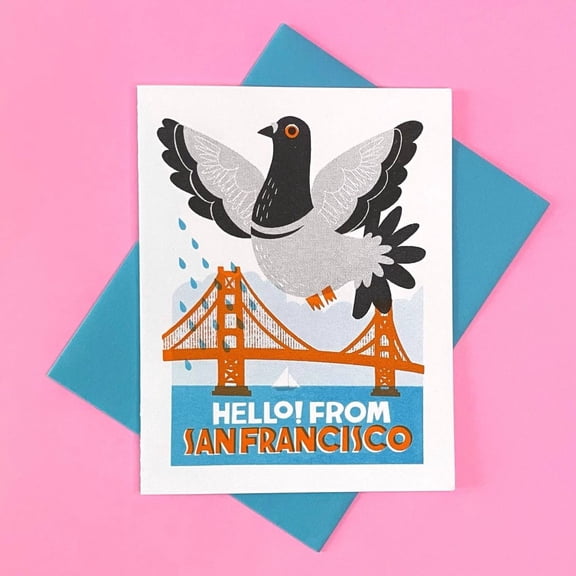 Hello from San Francisco Greeting Card  Unique Pigeon Design with Golden Gate Bridge  Blank Inside for Personal Messages  Perfect Postcard Gift
