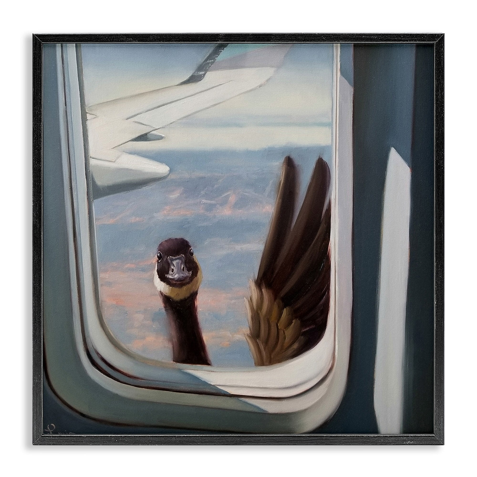 Hello from a Goose Airplane Window Scene Painting Animals & Insects Framed Art Print Wall Art, 17x17