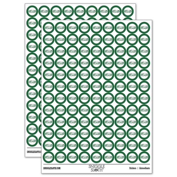 Hello in Circle 200+ Round Stickers - Dark Green - Matte Finish - 0.50" Size