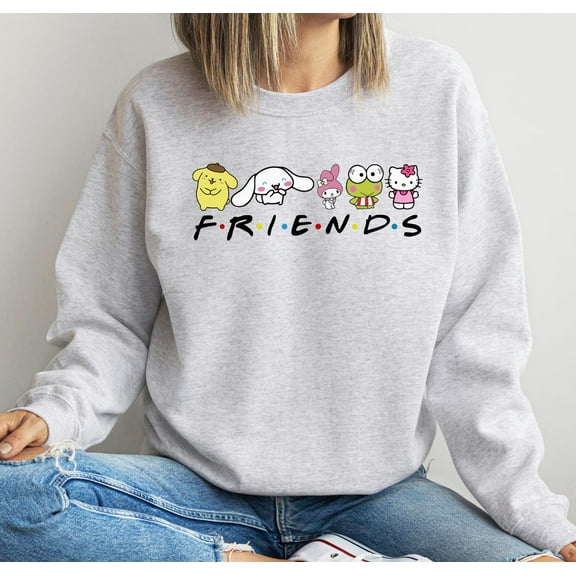 Hello kitty Friends Sweatshirt, Hello Kitty Pompompurin Cinnamoroll My Melody Keroppi Group Shirt,Ash Grey color,size 4XL