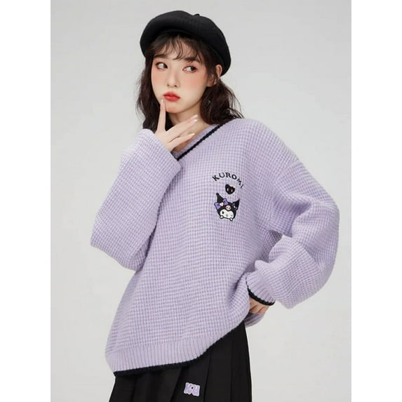 Hello kitty Kuromi Embroidery Knitted Y2K Women Japanese style Loose Academy Style Cute Kawaii Fashion cartoon Pullover Sweater