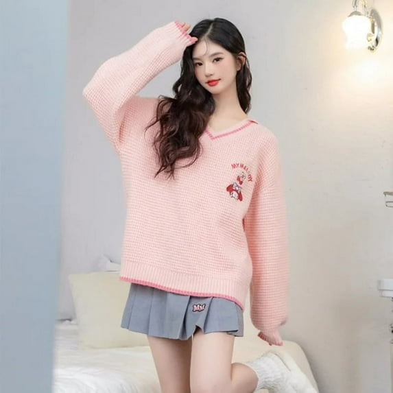 Hello kitty Kuromi Embroidery Knitted Y2K Women Japanese style Loose Academy Style Cute Kawaii Fashion cartoon Pullover Sweater