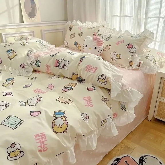 Hello kitty kawaii student dormitory single bed sheet quilt cover three-piece set Sanrio cartoon animation children's bedding