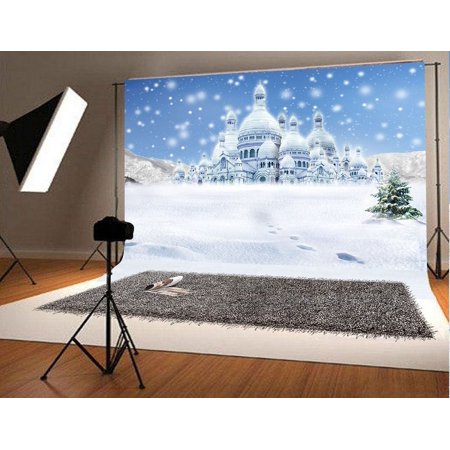HelloDecor 7x5ft Christmas Photography Background White Winter Backdrops Snow Castle Photo Booth Props
