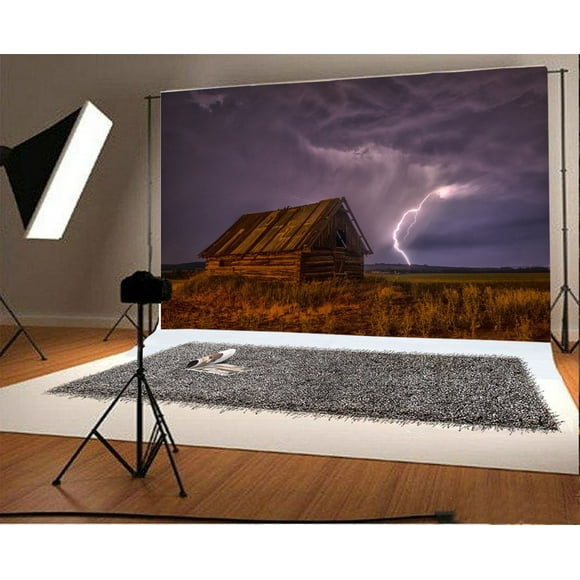HelloDecor 7x5ft Lightning Backdrop Nature Landscape Rustic Wood House Green Grass Lawn Dark Cloud Outdoor Travel Photography Background Kids Adults Photo Studio Props
