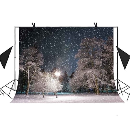 HelloDecor 7x5ft Natural Scenery Backdrop Winter Snow Landscape Tree Streetlight White Tree Night Backdrop Photo Booth Studio Props Party Curtain Background