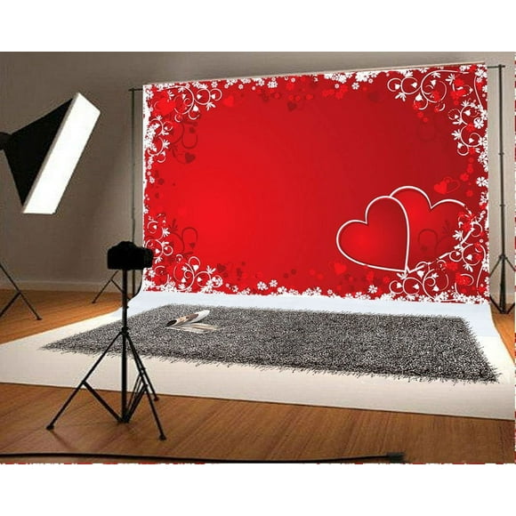 HelloDecor 7x5ft Red Valentine's Day Backdrops Photography Lace side Heart shaped Photo Studio Background