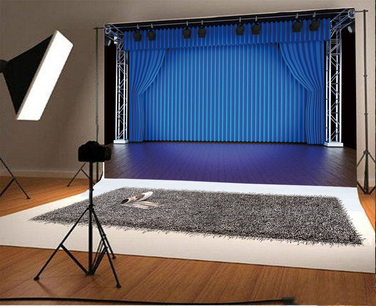 HelloDecor 7x5ft Stage Lights Backdrop Blue Curtain Rustic Wood Plank  Theater Show Photography Background Kids Adults Photo Studio Props -  Walmart.com, image size:1500x1220