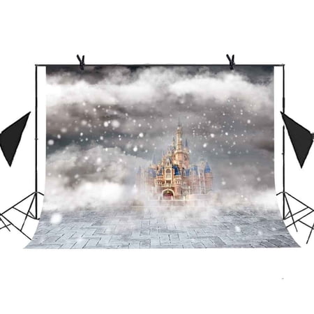 HelloDecor 7x5ft Winter Cartoon Backdrop Castle Snowflake White Brick Floor Picture Wedding Photography Birthday Party Studio Props Photo Booth Background