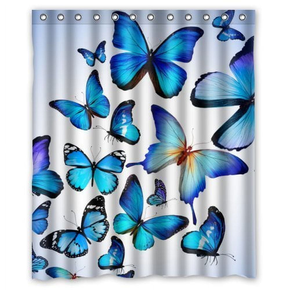 HelloDecor Blue Butterfly Shower Curtain Polyester Fabric Bathroom Decorative Curtain Size 60x72
