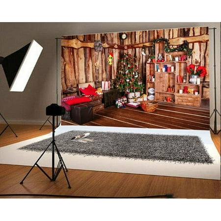 HelloDecor Christmas Backdrop 7x5ft Photography Backdrop Wood Cottage Christmas Tree Luggage Shelf Garland Socks Basket Children Baby Kids Photos Shooting Video Studio Props