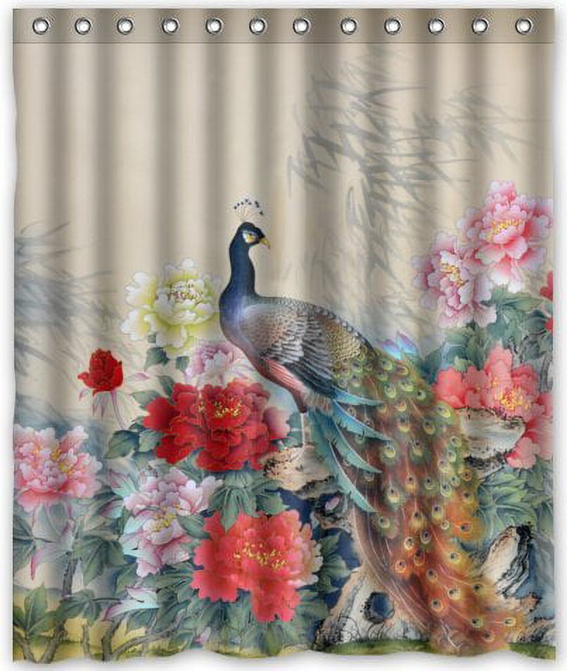 Peacock Shower Curtain - Asian Floral Bird Pattern Polyester Fabric Bathroom Set With Hooks, 70x70 Inch - View #8