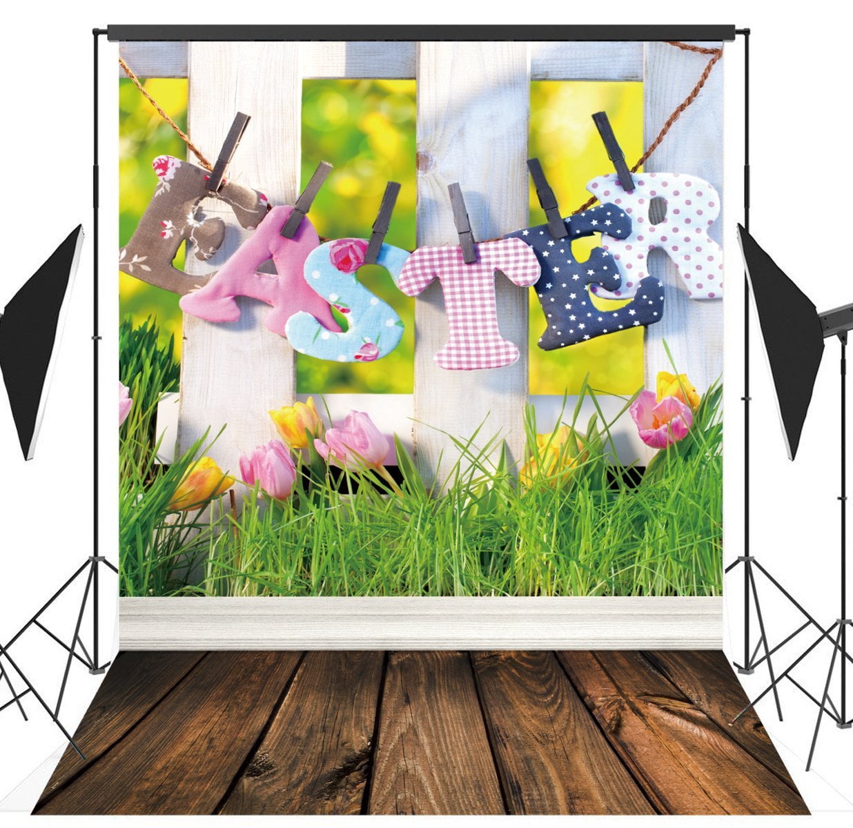 5x7ft Easter Backdrop – Spring Floral With Colorful Eggs, Fence & Grass Photo Background