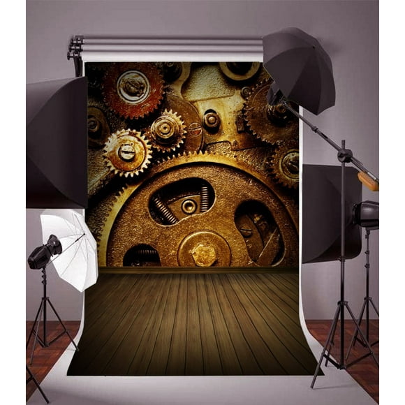 HelloDecor 5x7ft Steampunk Backdrop Photography Background Wooden Stripe Floor Rusty Aged Mechanical Gear Retro Classical Style Children Kid Portraits Backdrop Photo Studio Prop