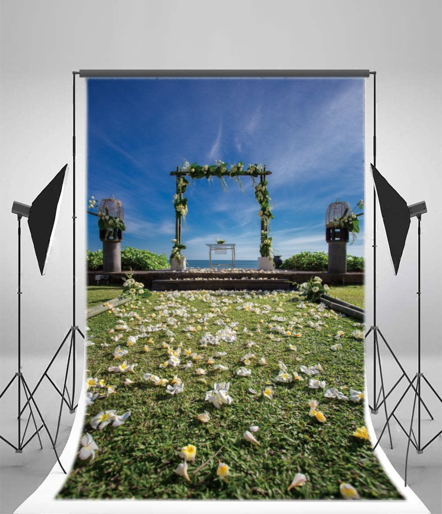 HelloDecor 5x7ft Wedding Backdrop Seaside Petal Green Grass Lawn Blue ...