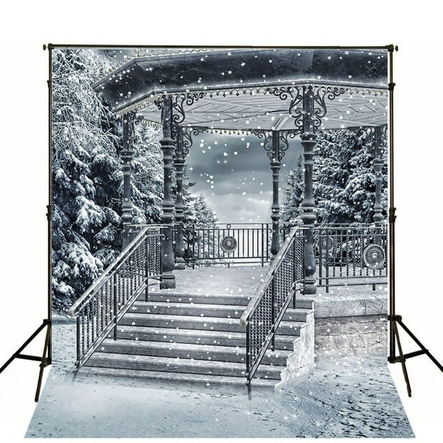 HelloDecor 5x7ft Winter Snow Photography Backdrops Snowflake Backdrop Pavilion and Stone Stairs Background