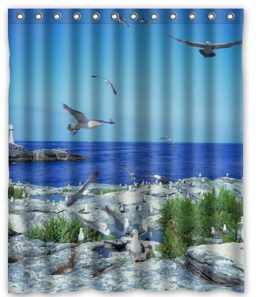 Seagull Lighthouse Beach Shower Curtain Set Bathroom Decor With Red And White Illustration Blue Sky Design Includes Accessories