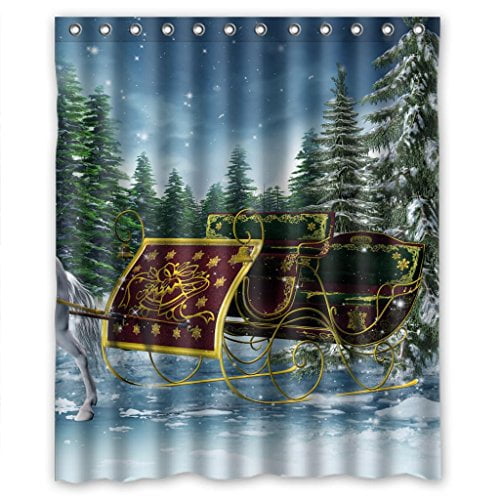 HelloDecor White Horse Car Snow Shower Curtain Polyester Fabric Bathroom Decorative Curtain Size 60x72 Inches