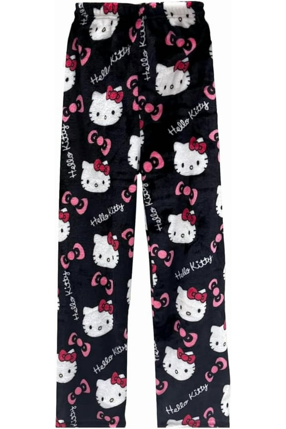 HelloKitty Anime Pajamas Pants Women Cartoon Family Christmas Halloween Pajama Pants Kawaii Flannel Pajama Pants Black and Pink