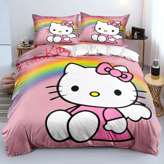 HelloKitty Quilt Duvet Cover Bedding Set Sanrio Anime Pink Kittycat Adult Single Double Queen King With Pillows Cute Bed Sets