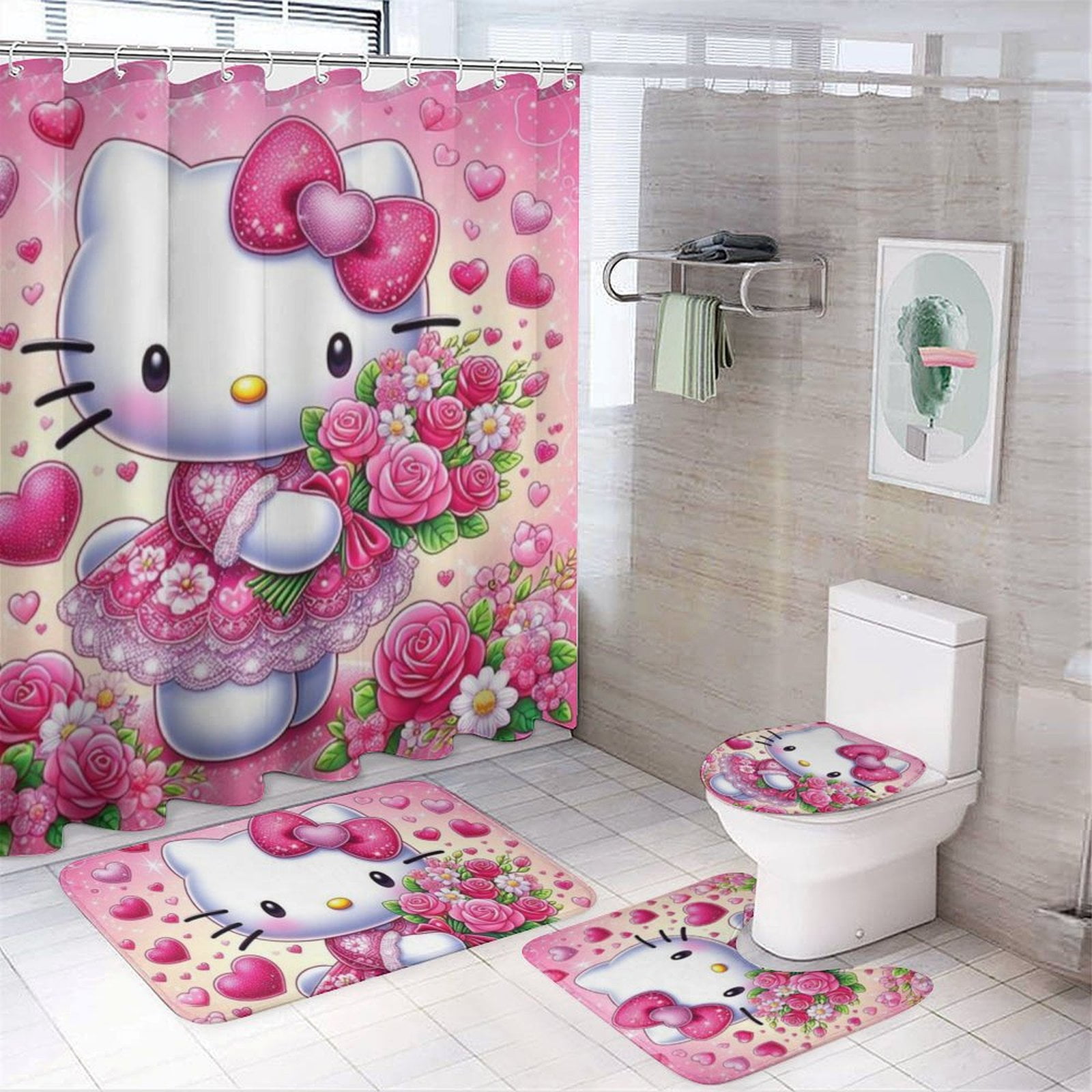 HelloKittyBathroom set (shower curtain, U-shaped mat, bathroom mat ...