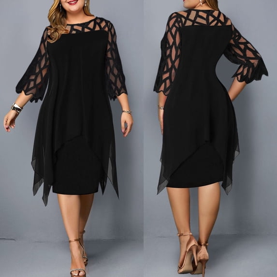 HellobyePlus Size Women perspective Mesh Chiffon Hollow Out O-Neck Double Plus Size Dress Skirt