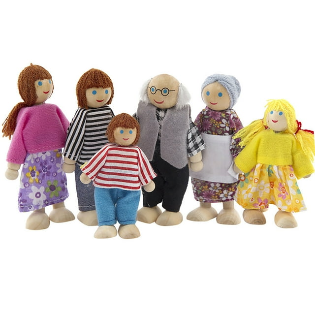 HellobyeWooden Furniture Dolls House Family Miniature 6 People Set Doll