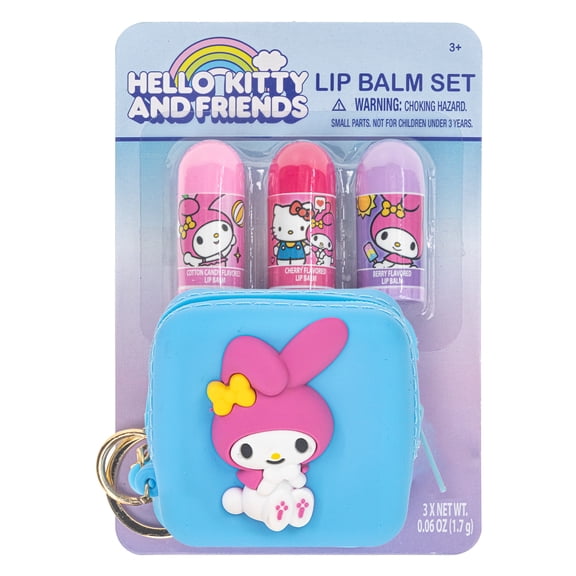 Hello Kitty & Friends 3-Pack Lip Balm Set, My Melody Silicone Keychain Bag, Kids Ages 3+