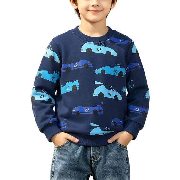 Hellosay Car Print Sweatshirt for Boys Size 4-5 Toddler Fall Long Sleeve Crewneck Pullover Tops Workout Streetwear Navy