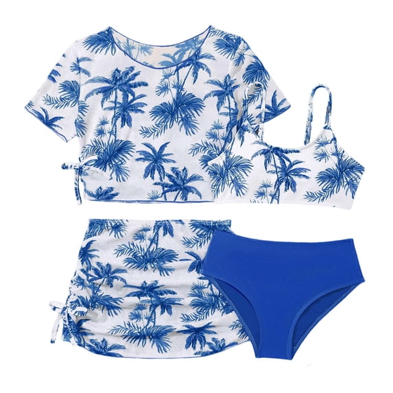 Hellosay Girls Swimsuit 4 Piece Dries Faster Swimwear Side Drawstring Floral Summer Holiday Bathing Suit Size 8-12 Blue