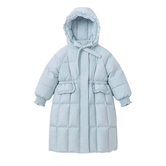 Hellosay Long Puffer Coat Girls Quilted Long Sleeve Hooded Jacket Winter Zip Up Ruffle Tie Front Outwear with Pockets